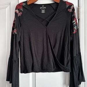 American Eagle Black Floral Embroidered Top